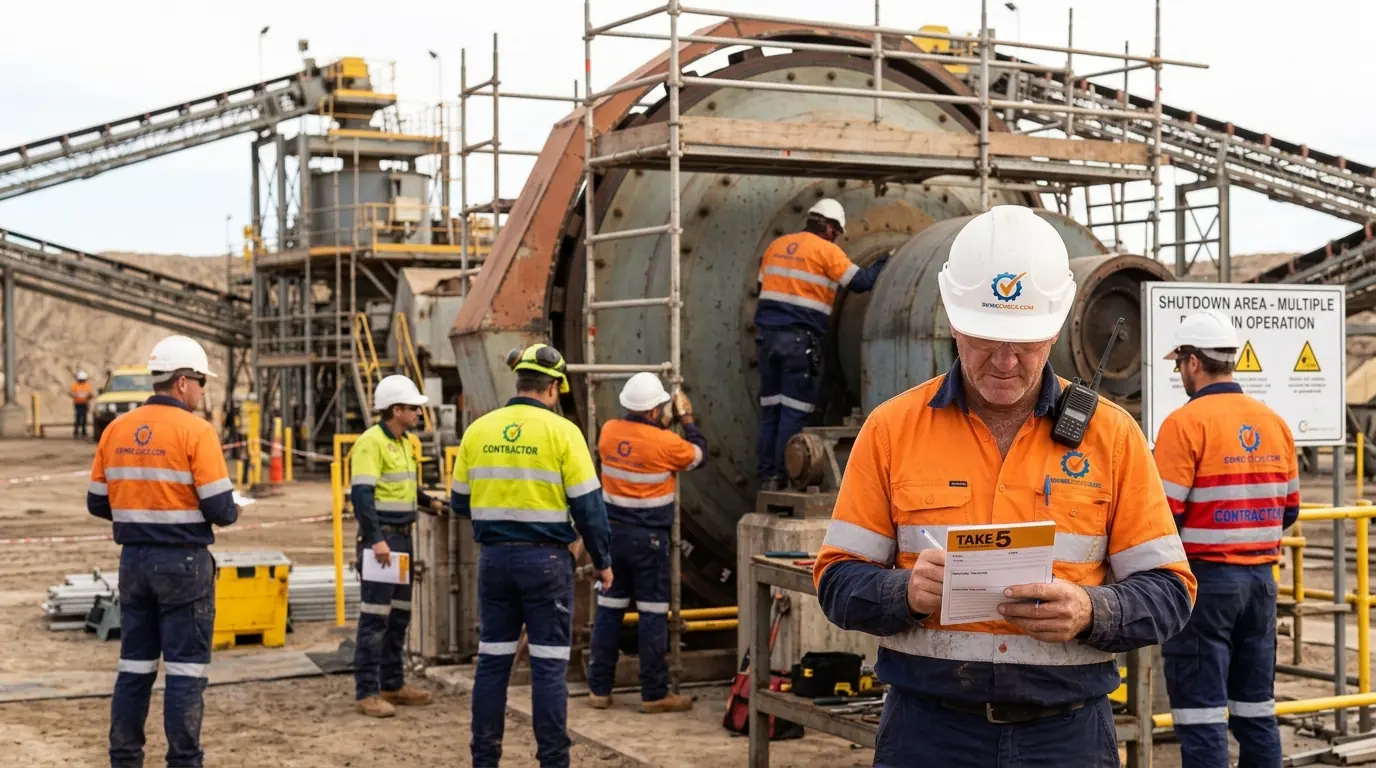 Shutdown crews from several contractors working on scaffolding and fixed plant at a WA mine processing plant